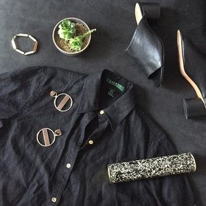 RL Classic Linen Blouse in Black + Gold